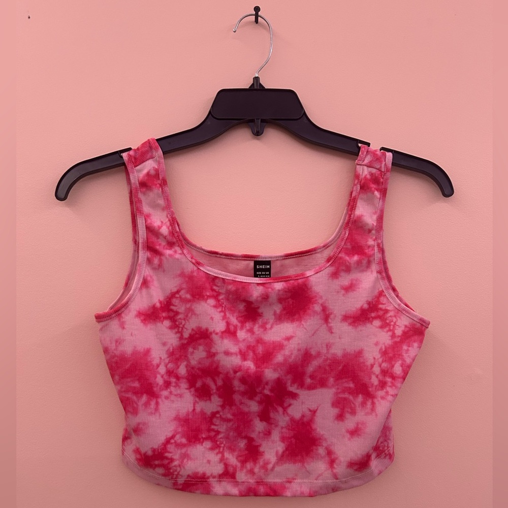 TWO SHEIN pink/white and black/white tie dye design crop tops, both size LARGE